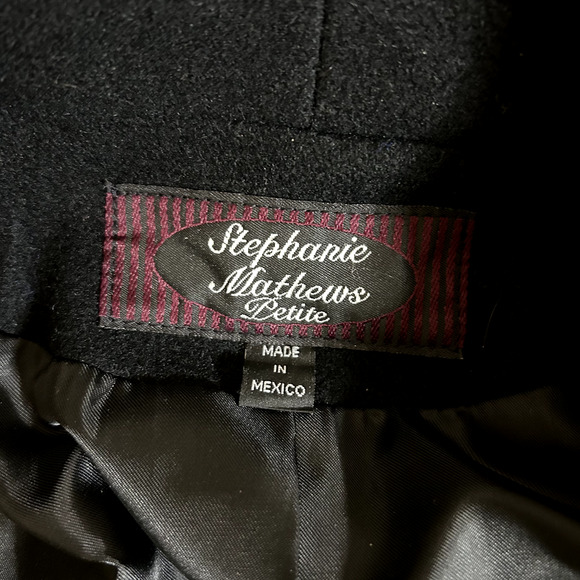 VTG Stephanie Mathews Womens Black 100% Wool Over Coat Size 14 Petite Long Line - Picture 4 of 10